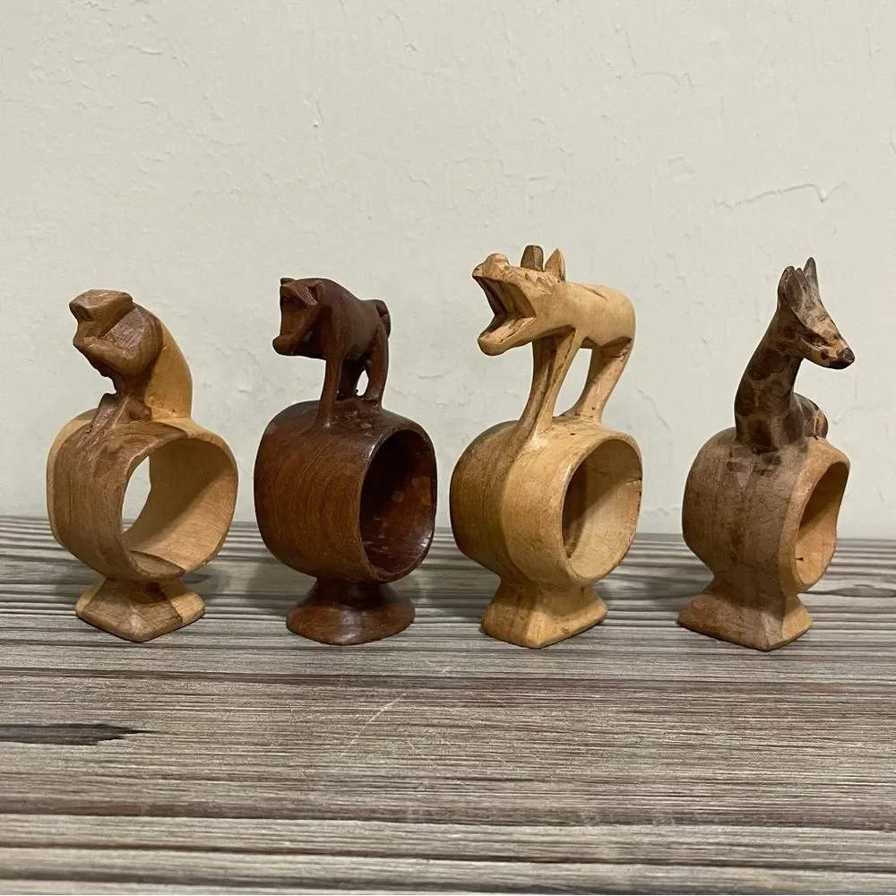 Wood Hand Carved Safari Animal Napkin Rings Monkey Giraffe Rustic Cabin Set of 4